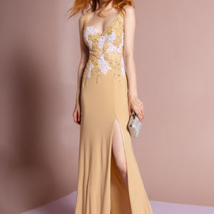 NEW TAUPE V-Neck Lace Bodice Leg Slit Sheath Dress GLSGL2052
